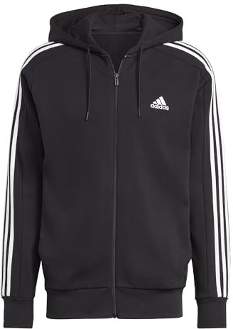 adidas Uomo Essentials French Terry 3-Stripes Full-Zip Hoodie, Black / White, L