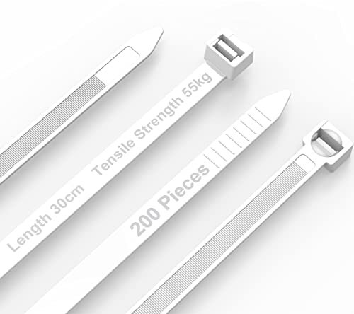 Uootach 200 pièces Attaches de Câble, 7.6mm*300mm Colliers Serrage en nylon anti-UV, Durable et Robuste Résistance à la Traction de 55 kg, Pour gestion câbles, poches à nouer, clôture fixe(Blanc)