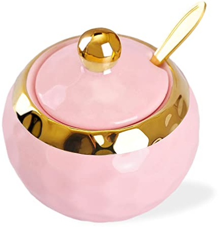 WHJY Ceramic Sugar Bowl with Lid and Spoon, Golf Design Porcelain Salt Bowl Salt Container, Modern Spice Box Seasoning Jar for Home and Kitchen Coffee Bar - Pink
