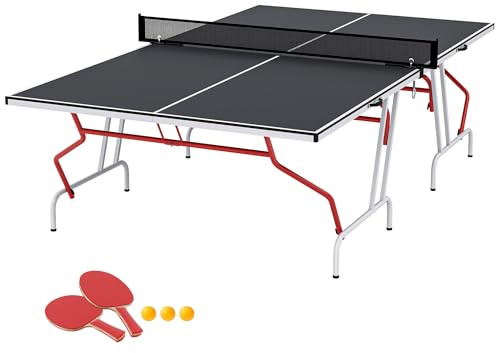 Soozier Full Size Ping Pong Table, Folds into Quarters, Portable Table Tennis Table with Net, Paddles, Balls, MDF, Charcoal Gray