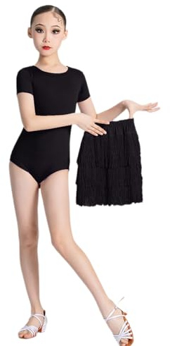 2 PZ Ragazze Frangia Gonna da Ballo con Body Bambini Abiti da Ballo Vestito per Latino Salsa Samba Rumba Tango Nappa Dancewear Competizione Prestazioni Pratica Costume 5 Colori,Nero,140cm