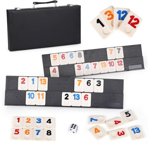 Classic Rummy Legespiel Set mit Koffer - Rummy Cube Spiel Tragbares & Faltbares Rommé Reisespiel Set für Familie Erwachsene, Familienspielabende, 106 Langlebige Rommé-Fliesen Brettspiele, 2-4 Spieler