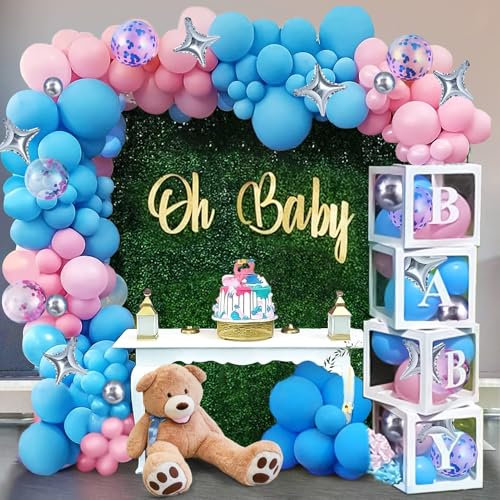 120PCS Gender Reveal Party Deko Babyparty Dekoration Boxen Luftballon Girlande Blau Rosa Weiß BABY Buchstaben DIY Ballon Boxen für Baby Boy Girl Geburtstagsfeier Geschlecht Offenbaren Baby Shower Deko