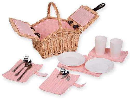 UNUS® Picknickkorb für Kinder rechteckig aus Weide mit Stoffauskleidung, Komplettset für 2 Personen mit Besteck, Tellern und Bechern, tragbarer Weidenkorb für Picknick und Ausflüge