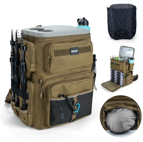 Goture 66L Fishing Tackle Bag with Insulated Cooler, 600D Oxford EVA Cover Fishing Backpack with 3 Rod Holders, Rain Cover, Fits 5 x 3700 Boxes, Water-Resistant Rucksack – Khaki (Bag Only)