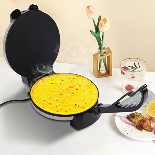 Roti-Maker Elektrisk tortillapress automatisk rostfritt stål Chapati Maker med handtag och non-stick-kokplattor, perfekt för beredning av crêpes och tortillas, justerbar temperatur