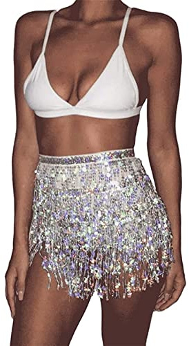 Nicoxijia Women's Sequin Tassel Skirt Sparkly Fringe Belly Dance Hip Mini Skirts Glitter Disco Scarf Rave Outfits Costume (Silver, ONE Size)