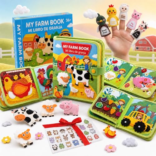 LIVING LOGIC Il mio primo libro della fattoria, libro sensoriale per bambini bilingue, disegno di animali agricoli