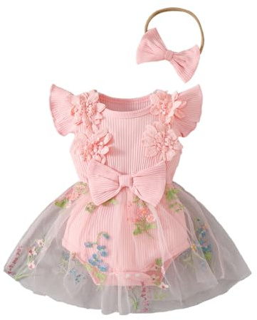 HEOXIN Vestido Pelele para Bebé Niña, Vestido de Tulcon Volantes Sin Mangas y Bordado Flores + Conjunto con Diademacon Lazo, Bebés Recién Nacidas para Verano Otoño, Rosa 3-6 Meses