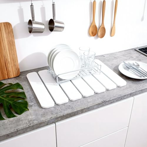 Stone Drying Mat for Kitchen Counter,Large Stone Dish Drying Mat Foldable, Absorbent Diatomaceous Earth Bath Mat Quick Dry for Kitchen Dishes Bottles Cups Bathroom Any Countertop (White, 40x30CM)