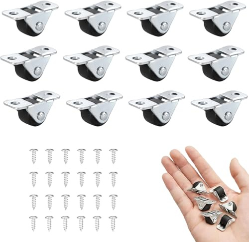 Confezione da 12 piccole rotelle per mobili, mini rotelle fisse silenziose in TPR da 1,2 cm con piastra superiore in acciaio e 24 viti, per piccoli elettrodomestici, cassette degli attrezzi