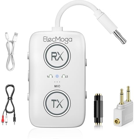 2025 Upgraded ElecMoga Transmisor Receptor Bluetooth 5.4, Adaptador Bluetooth 2 en 1, Jack 3.5, para Viajes en Avión, Teléfonos Móviles, Televisores,PC, Coche Blanco