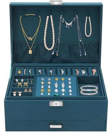 Fyssnn Joyero de 3 niveles verde oscuro con cerradura, organizador de joyas para guardar anillos, pendientes, pulseras, relojes y joyas