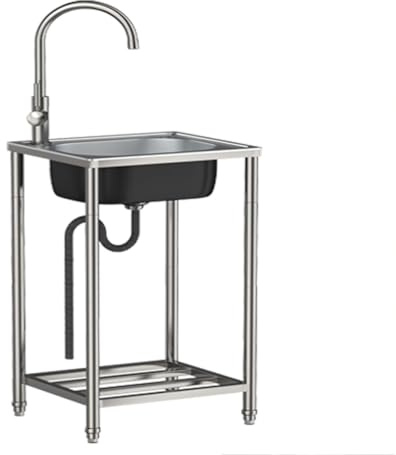 Fregadero independiente de acero inoxidable con escurridor de grifo y gabinete, banco de trabajo antivuelco para interior/exterior, cocina, restaurante, cuarto de servicio