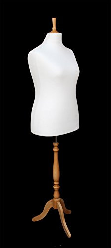 Manichino lussuoso per provare gli abiti, a forma di busto di donna, taglia 48/50, per sarto, copertura bianca, base in treppiede di legno, effetto faggio