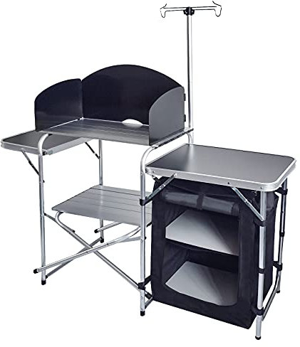 CampLand Folding Camping Kitchen Table with Windscreen,Portable Outdoor Cooking Station with Storage Cabinet & Side Tables Heavy Duty Camp Cook Station for Camping & BBQ (Black)