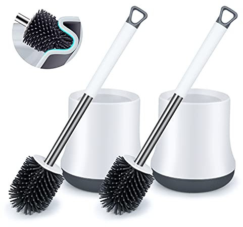 Silicone Toilet Brush and Holder Set 2 Pack, ENSPOWAY Bathroom Toilet Cleaner Brush Modern Design Deep Cleaning Rubber Toilet Bowl Brushes with Non-Slip Long Handle and Quick Drying Holder, White