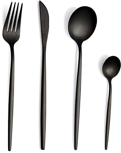 Posate, Pleafind set posate 24 pezzi, posate acciaio inox 6 persone, posate moderne, posate nere con coltello, forchetta, cucchiaio, lavabili in lavastoviglie
