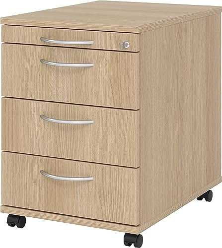 bümö Rollcontainer mit Schubladen, Container abschließbar aus Holz in Eiche - Rollwagen für's Büro als Schreibtisch Unterschrank, Bürocontainer od. Schreibtischcontainer mit Bogengriffe