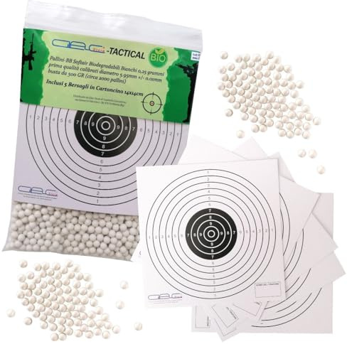 Glac Store® Pallini BB in Busta Biodegradabili Bio 500gr da 6mm per Softair Verdi Bianchi 0,20 0,23 0,25 Grammi con 5 Bersagli in Cartoncino 14x14 (0,25 gr Bianchi 2000 Pezzi)