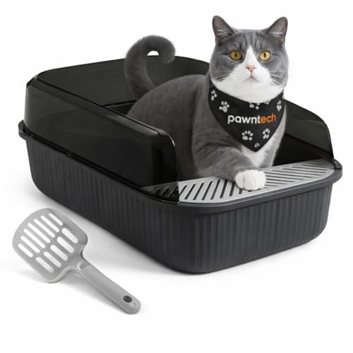 PawnTech Bac à Litière pour Chat XXL Esthétique 51x35x19 cm I Semi Ouverte - Anti-éclaboussure I Pelle de Nettoyage Inclus (Noir Sidéral)