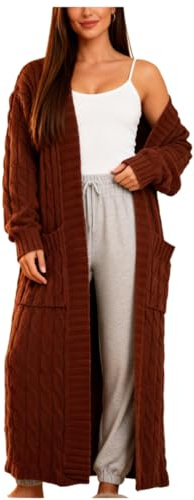 Shuanghao Suéter Térmico-Engrosado Otoño-Invierno Sexy-Moda Mujer - Cardigan Largo de Punto de Casual Suelto Manga Larga Suave Nuevos Chaqueta de Punto Retro Algodón Color Sólido Mujeres Marrón L