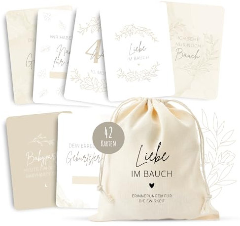 MeinBaby123® Meilensteinkarten Schwangerschaft | Meilenstein Karten Set Geschenk zur Schwangerschaft | Fotokarten für die Schwangerschaft | 42 Karten Inkl. hochwertigem Baumwollsäckchen (beige boho)