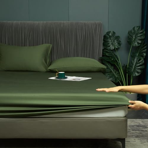 Bambu spännlakan 90 x 200 cm grön olivgrön antibakteriell mjuka spännlakan kylande 50 % bambu och mikrofiber resårsäng lakan linne 90 x 200 dra-på-lakan för upp till 25 cm madrass