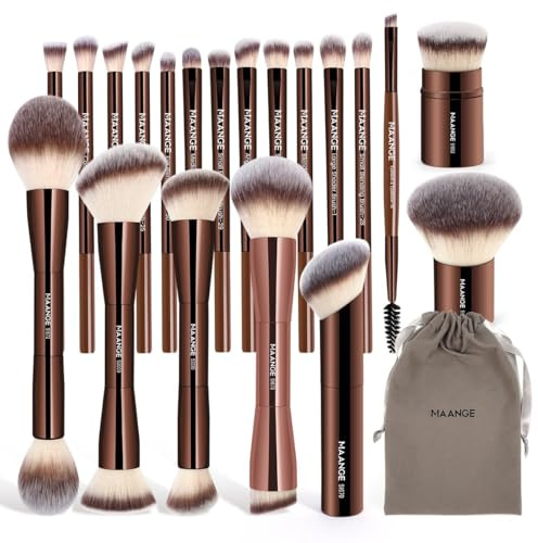 MAANGE 20 PCS Foundation Makeup Brush Set, Double-ended Kabuki Contour Brush for Liquid Powder Concealer Blending Blush Face Makeup Tools (Coffee)