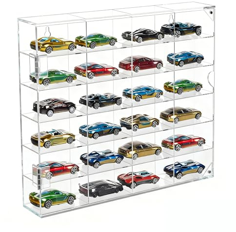 JUESHA Acrylic Display Case for Hot Wheels Storage 1/64 Scale, 6 Levels 24 Slots Toy Cars Showcase Wall Mount or Desktop, Clear Display Organizer for Diecast Matchbox Model Car Tabletop