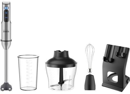Grunkel - Batidora de Mano potente de 2000W Acero Inoxidable, Vaso incluido y opción set accesorios con Varilla, Picadora y Soporte. Encaje Metalico y Base de Silicona (2000 W y Accesorios)