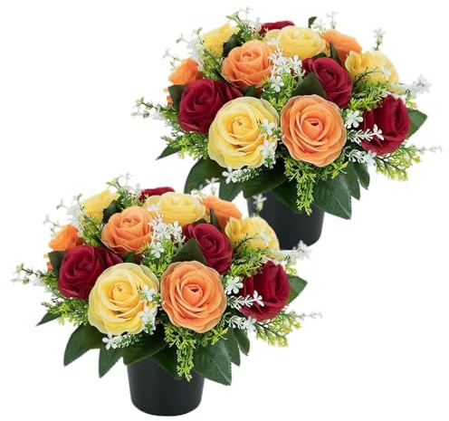 2 fiori artificiali per tombe in vaso, rose autunnali rosse, gialle, arancioni, decorazioni per cimitero, fiori commemorativi in seta con vaso, disposizioni funebri per esterni