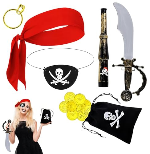 Bagtopia Pirate Accessories for Kids, 6Pcs Pirate Costume for Boys Girls, Head Scarf, Eye Patch, Earring, Telescope, Coins