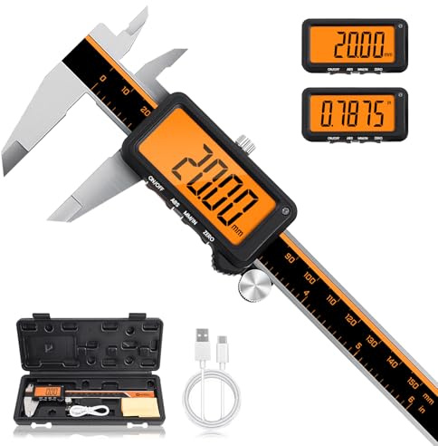 HARDELL Rechargeable Digital Caliper, Vernier Calipers with Large ABS & LCD Screen, Stainless Steel Caliper Measuring Tool, Auto-Off Micrometer, Inch/MM for DIY/Household/3D-printing (6inch-)