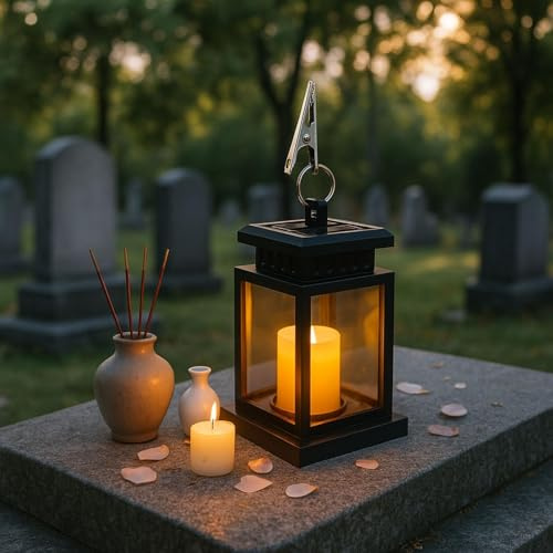 Lanterne FunéRaire RéSistante Aux IntempéRies, Lanterne Solaire Exterieur FunéRaire, Suspension éClairage De CimetièRe Lanterne Bougie, Avec Bougies Led, Pour éClairage FunéRaire Et Cadeaux (B)