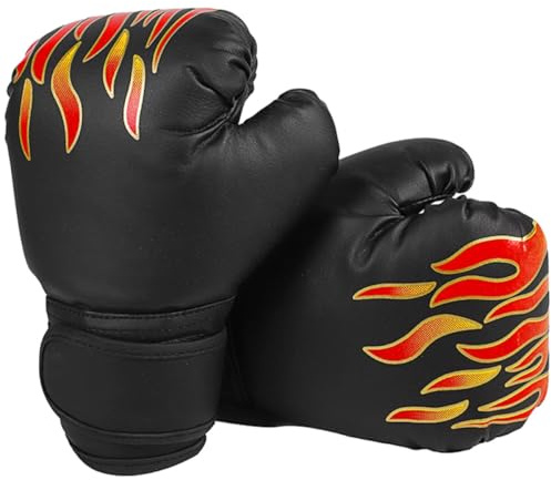 Angoily Moufles de Boxe Thaïlandais pour Garçon et Filles 6oz en PU Cuir Noir Feu, Paire de Moufles de Sparring Confortables et Solide, Équipement D’entraînement pour Kickboxing et Boxe
