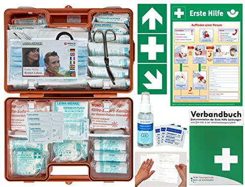 Verbandskoffer/Verbandskasten (G) Typ C -Komplettpaket- Erste Hilfe nach AKTUELLER DIN 13169 für Betriebe INKL. Verbandbuch + Hygiene-Gel & AUSHANG + Aufkleber