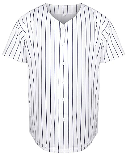 Blank Plain Hip Hop Hipster Baseball Jersey Button Down Shirts Sports Uniforms Men Women Jersey (White-Stripe, Medium)