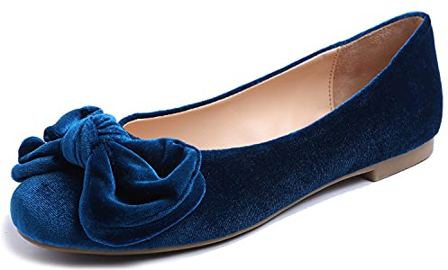 Feversole Women's Round Toe Cute Bow Trim Ballet Flats, Bailarinas de Punta Redonda Decoradas con Lazo de Mujer Bonita Verde Pavo Real Terciopelo Lazo 37 EU