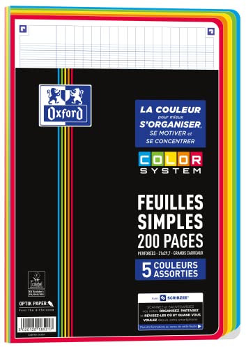 OXFORD Feuilles Simples COLOR SYSTEM A4 Perforées 200 pages Grands Carreaux Seyès 5 Couleurs de Cadres Assorties sous Film, Noir