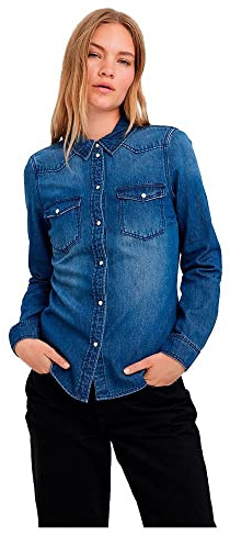 VERO MODA VMMARIA LS - Camiseta Ajustada para Mujer New Noos, Talla XS, Medio De Mezclilla Azul, XS