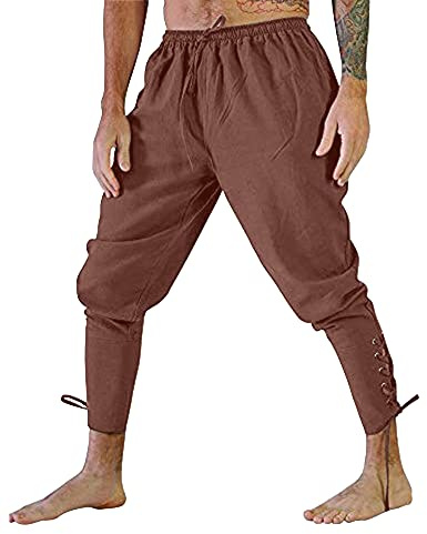 YAOHUOLE Men’s Medieval Trousers Linen Pirate Pants Viking Renaissance Costume Drawstring Elastic Waist with Pocket