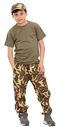 WickedFun® Pantaloni cargo mimetici per bambini, con elastico in vita, con tasche multiple, età 5-13 anni, Mimetico, 13 anni