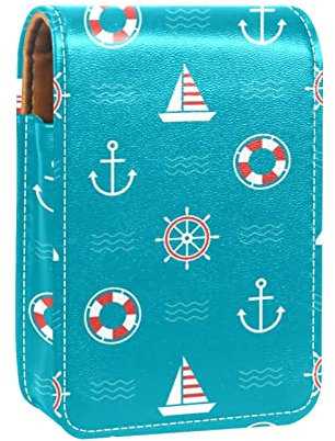 Nautical Anchor Lifebuoy Compass Blue Lip Gloss Holder Lipstick Case Portable Mini Lipstick Storage Box Travel Lipstick Organizer Case with Mirror for Women