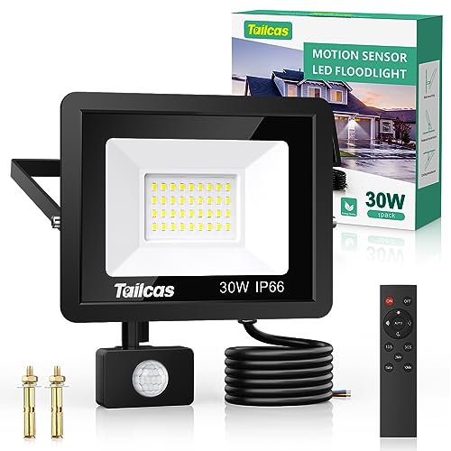 Tailcas Security Lights Outdoor Motion Sensor, 30W PIR Light with Remote Control, IP66 Waterproof Sensor Outdoor, 2700LM LED Floodlights Mains Powered for Garden,Yard, Garage, Black