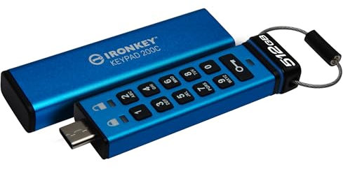 Kingston IronKey Keypad 200C 512GB Verschlüsselter USB | Alphanumerische Tastatur | Multi-Pin-Zugang | XTS-AES 256-bit | FIPS 140-3 Level 3 Zertifiziert (Ausstehend) | IKKP200C/512GB, Blau