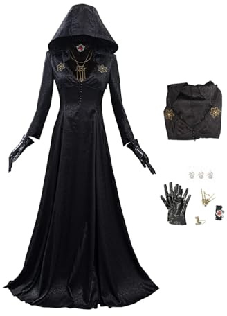 cultofmoon Bela Dimitrescu Cosplay Vestido Medieval Gótico Retro con Capucha Negro Manga Larga con Capucha Vampiro Bruja Juego Village Cosplay Vestido para Halloween Carnaval