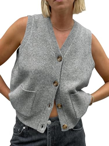 Saodimallsu Pull sans manches pour femme - Coupe ample - Gilet en tricot - Bouton en V - Tricot tendance et décontracté - Avec poches, gris, XL