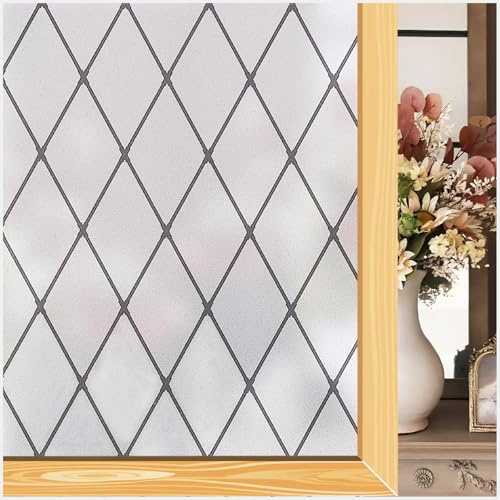Deabevn Film pour fenêtre opaque de l'extérieur, en verre dépoli, statique, adhésif et protection UV, 60 x 400 cm, grille noire, film brise-vue, réutilisable pour salle de bain, cuisine, fenêtre