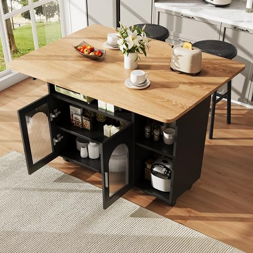Trdlpyn Isola della cucina indipendente con piano di lavoro pieghevole, armadio da cucina, carrello da portata rimovibile, armadio a buffet, tavolo da pranzo multifunzionale con spazio di